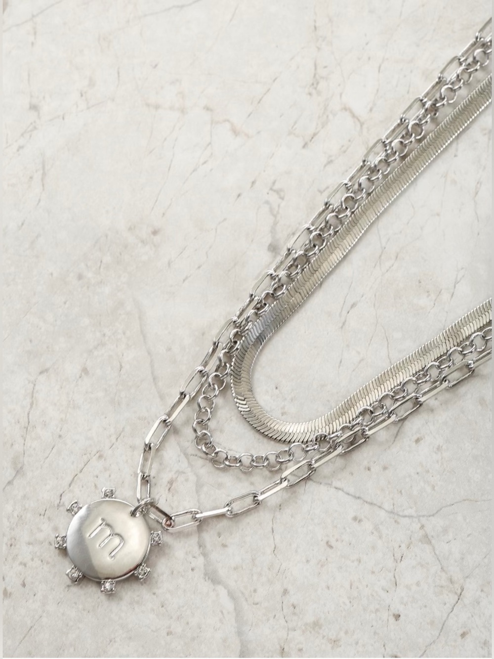 Silver Initial ‘M’Necklace, 3 Pieces